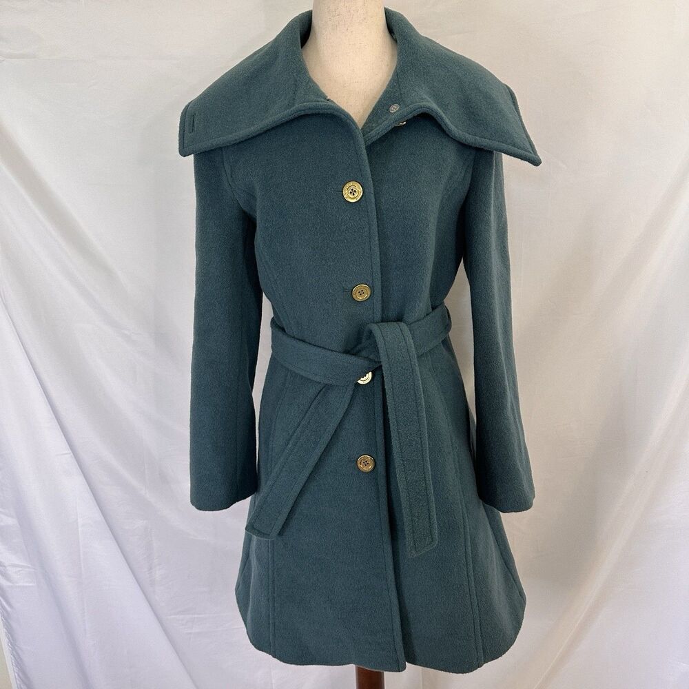 COACH teal wool mohair winter coat Size SMALL belt Overcoat Trench